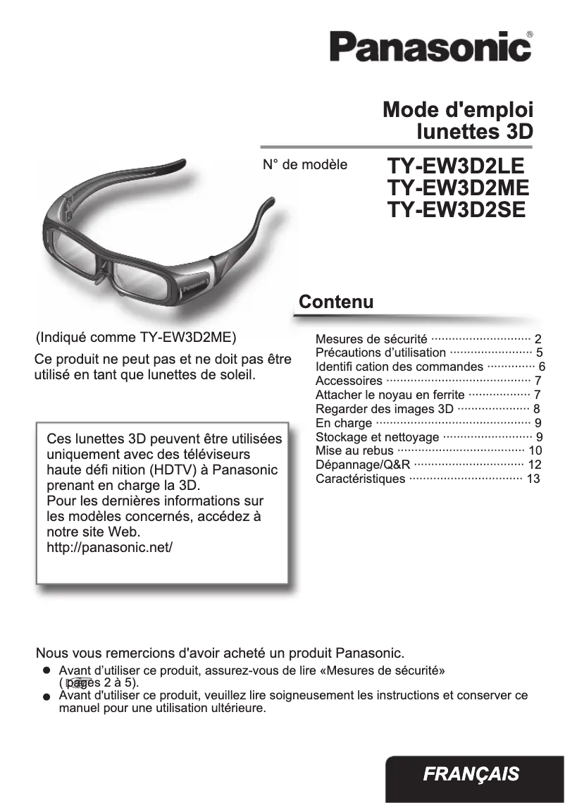 Page n°1 - Manuel utilisateur Panasonic TY-EW3D2LE