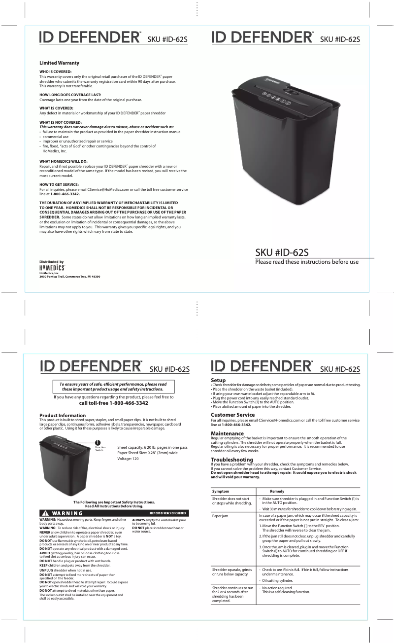 Image de la première page du manuel de l'appareil ID-62S