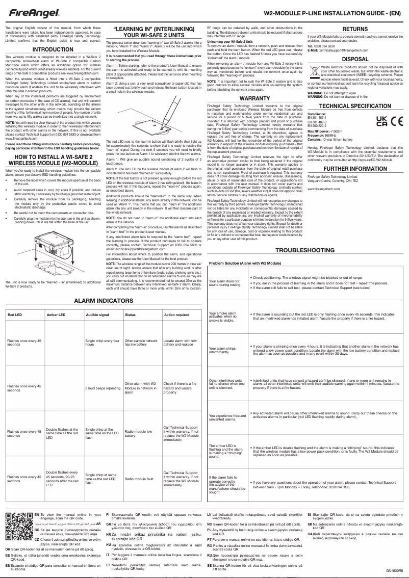 Page 1 de la notice Manuel utilisateur FireAngel W2-Module
