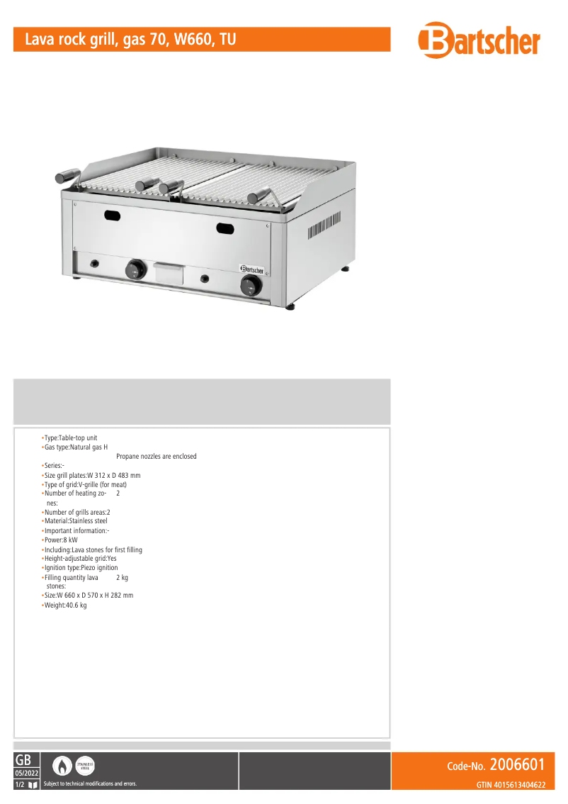 Page n°1 - Fiche technique Bartscher 2006601