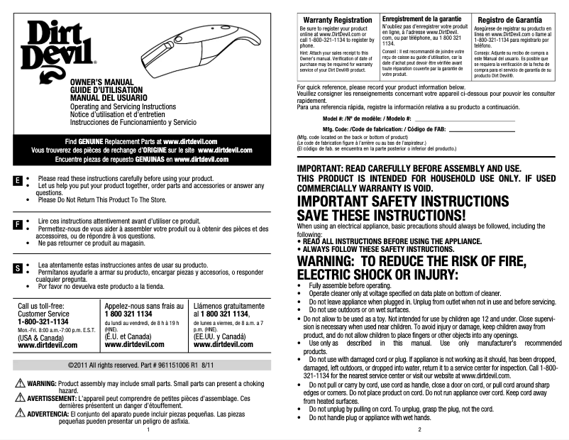 Page n°1 - Manuel utilisateur Dirt Devil Express V12