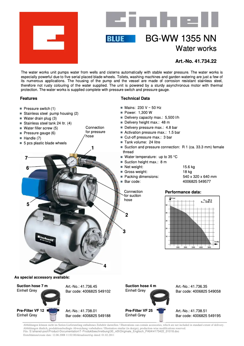 Page 1 de la notice Fiche technique Einhell BG-WW 1355 NN