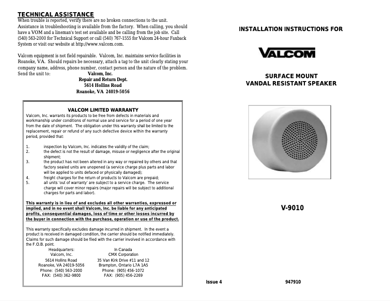 Imagen de la primera página del manual del dispositivo V-9010
