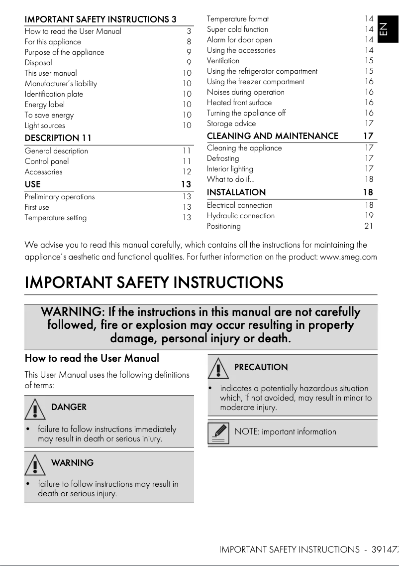 Page 1 de la notice Manuel utilisateur Smeg FAB50URRD3