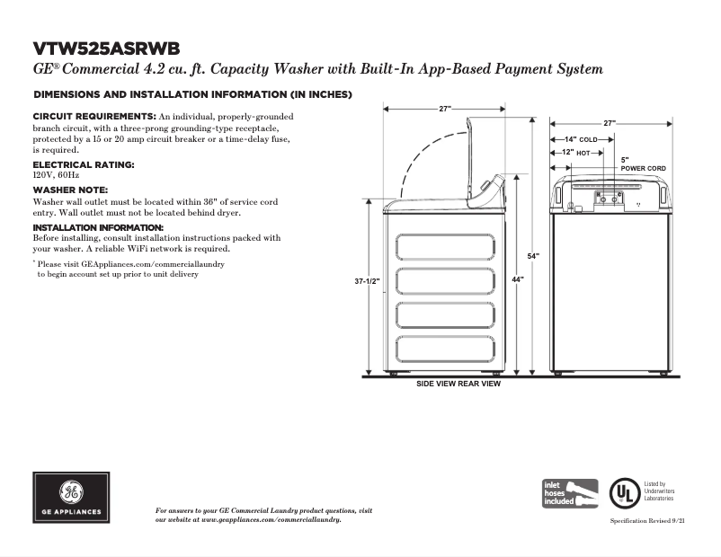 Page 1 de la notice Fiche technique GE VTW525ASRWB