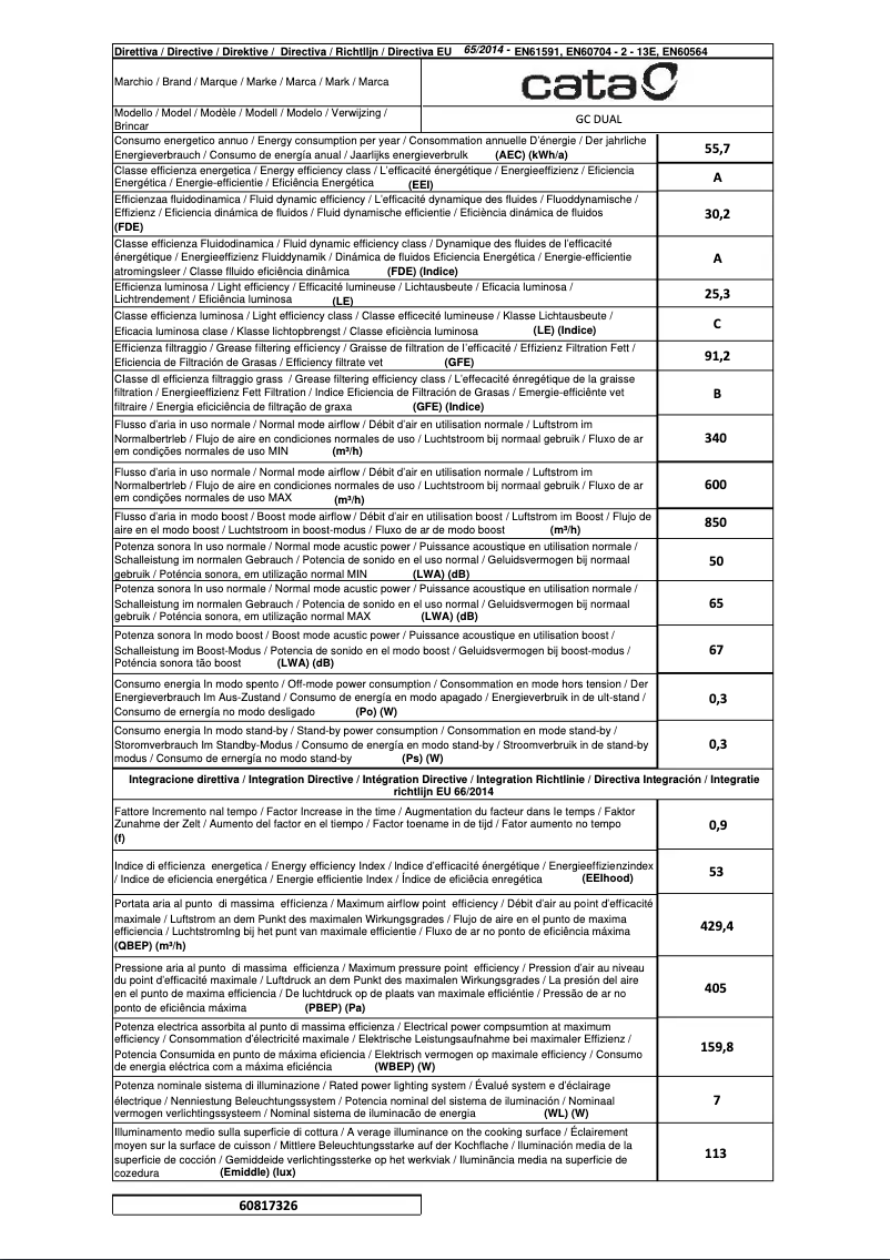Page 1 de la notice Label énergétique CATA GC Dual BK