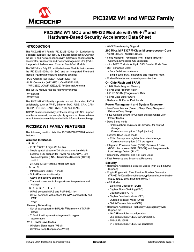 Page 1 de la notice Manuel utilisateur Microchip PIC32MZ1025W104132