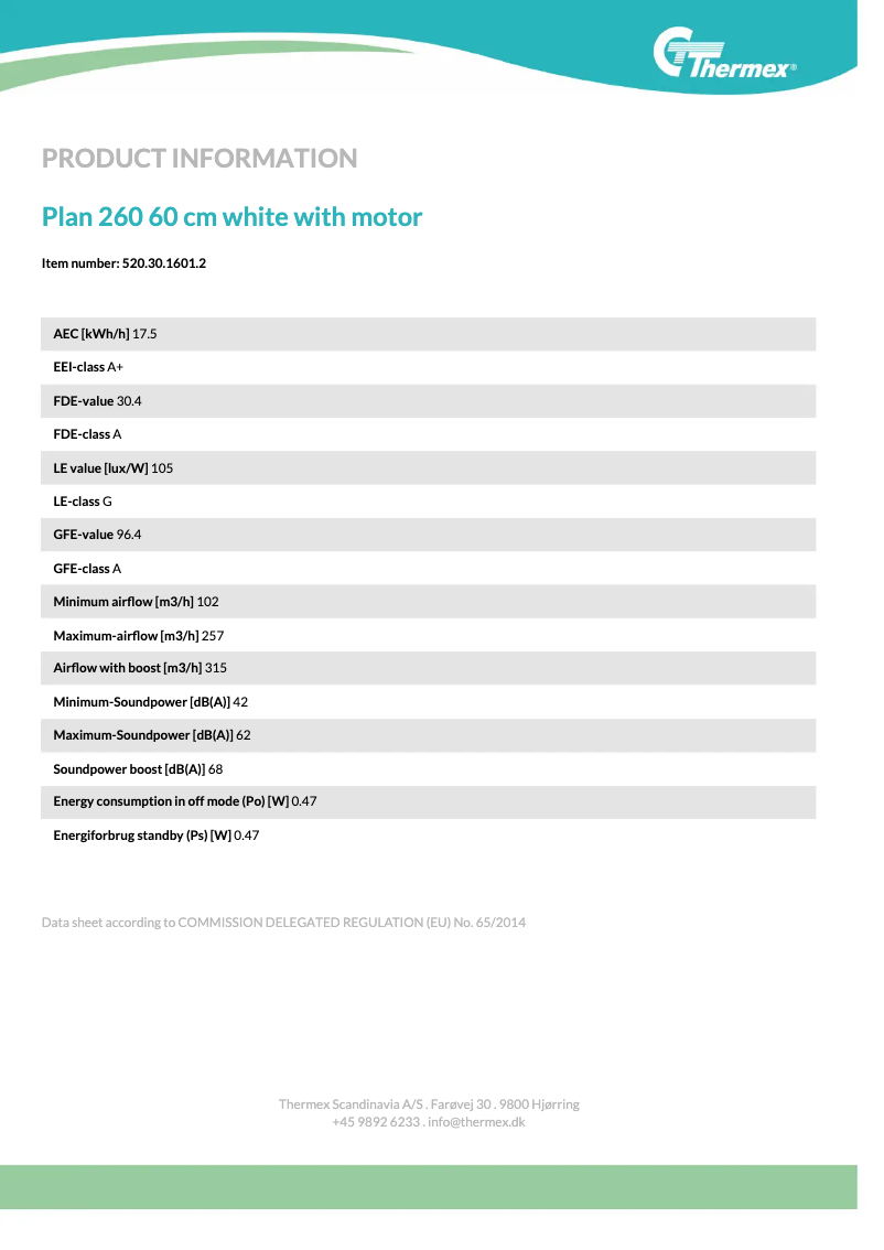 Page 1 de la notice Fiche technique Thermex Plan 260