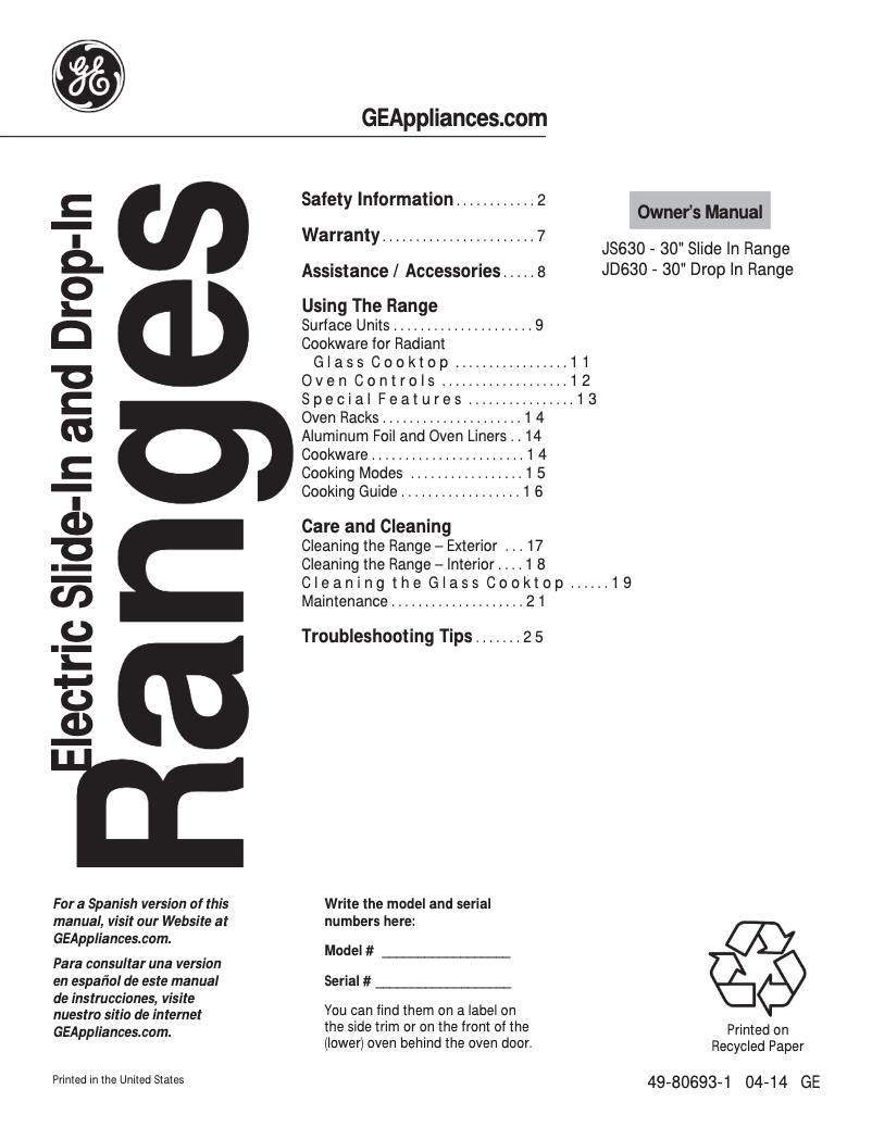 Image de la première page du manuel de l'appareil JS630DFCC