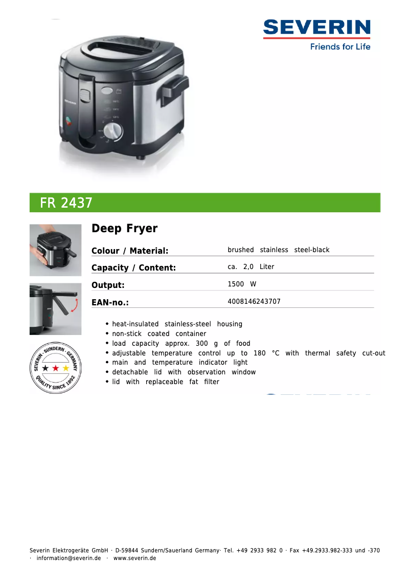 Page 1 de la notice Fiche technique Severin FR 2437