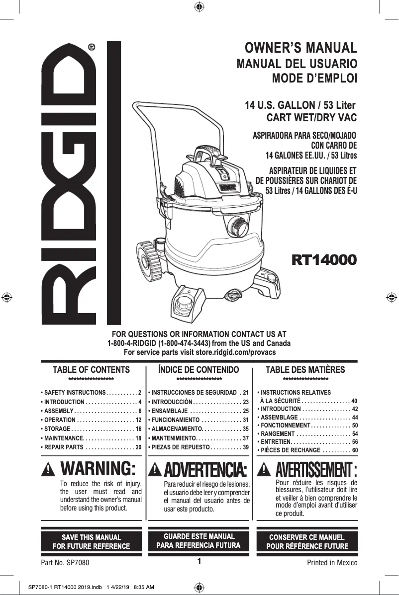Página 1 del manual Manual de usuario Ridgid RT1400