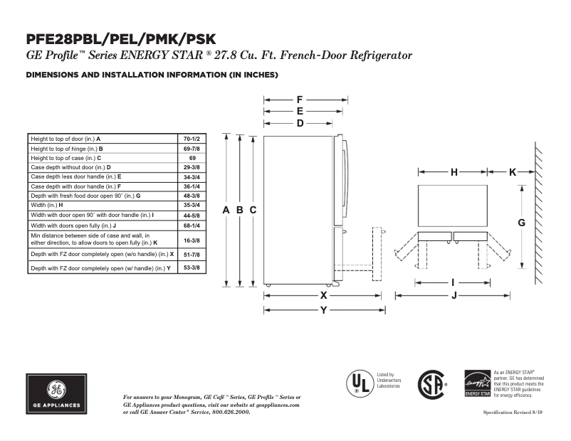 Page n°1 - Fiche technique GE Profile PFE28PELDS