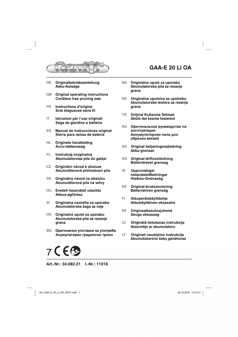 Page 1 de la notice Manuel utilisateur Gardol GAA-E 20 Li OA
