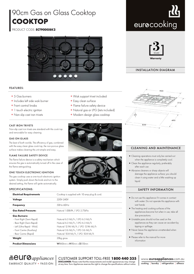 Page 1 de la notice Fiche technique Euro Appliances ECT900GBK2