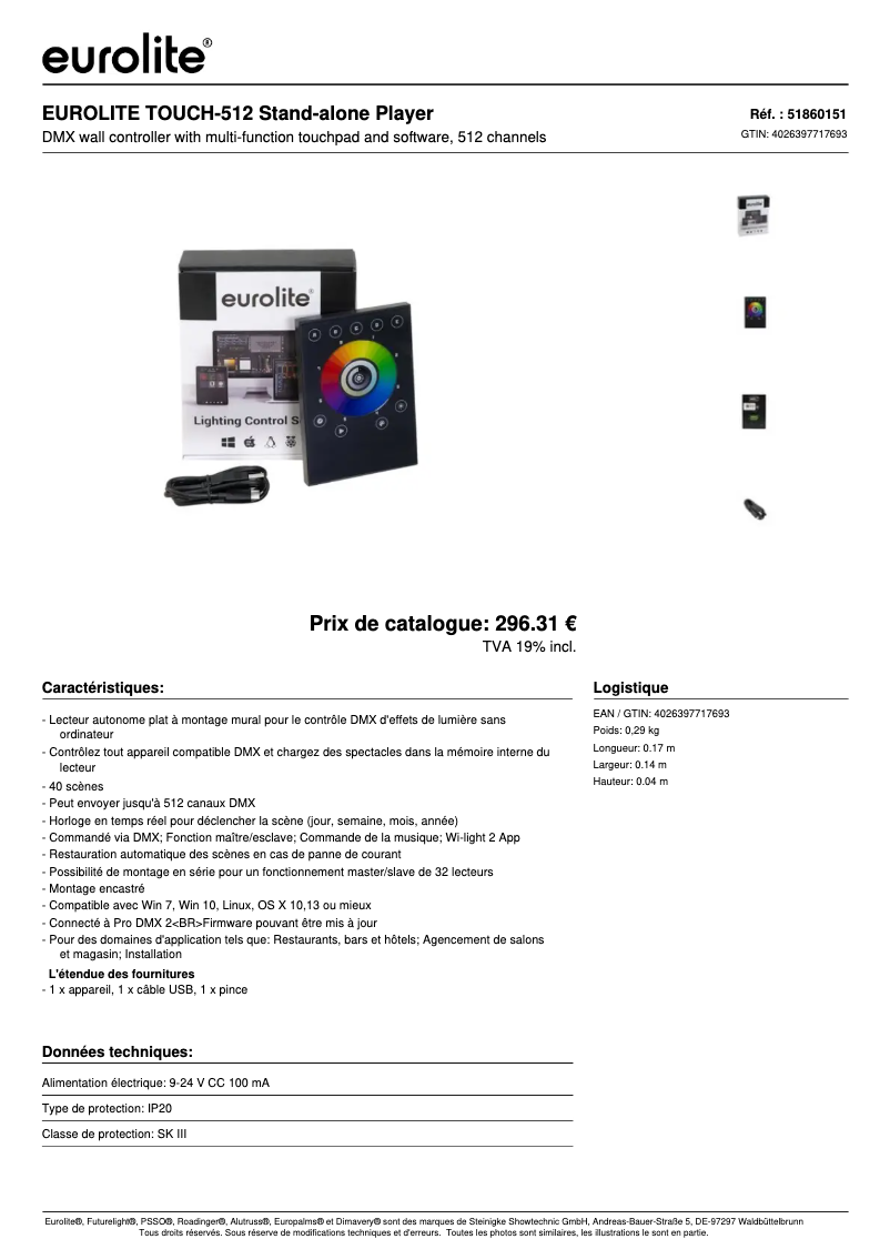 Page 1 de la notice Fiche technique Eurolite Touch 512