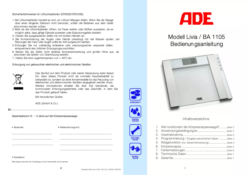 Page n°1 - Manuel utilisateur ADE Livia BA 1105