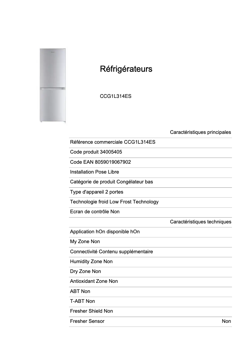 Page 1 de la notice Fiche technique Candy CCG1L314ES