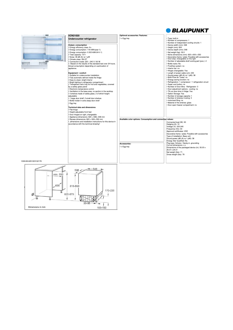 Page 1 de la notice Fiche technique Blaupunkt 5CN 21020