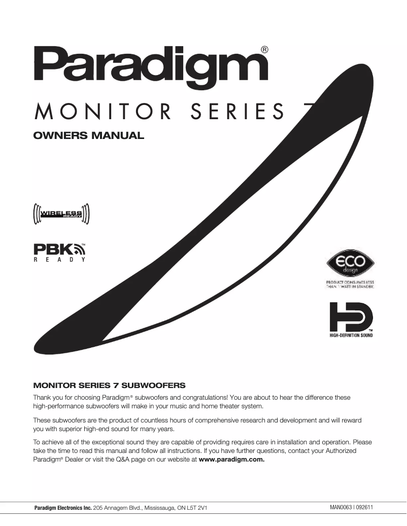 Page 1 de la notice Mode d'emploi Paradigm Monitor SUB 8