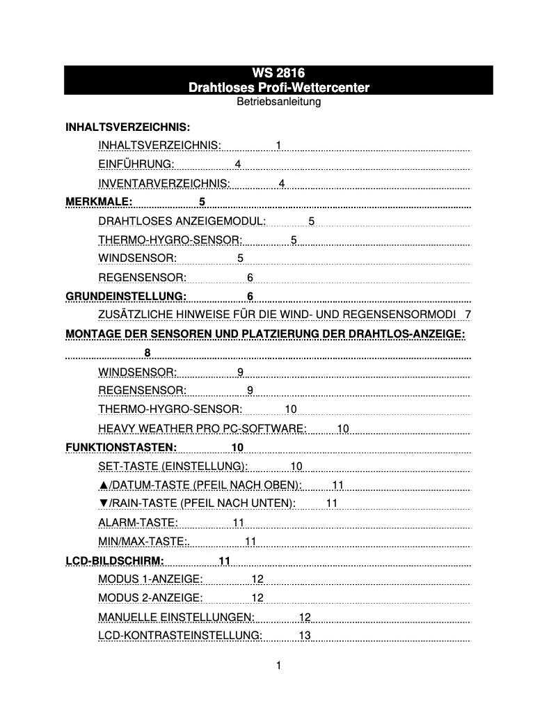 Page 1 de la notice Manuel utilisateur Techno Line WS 2816