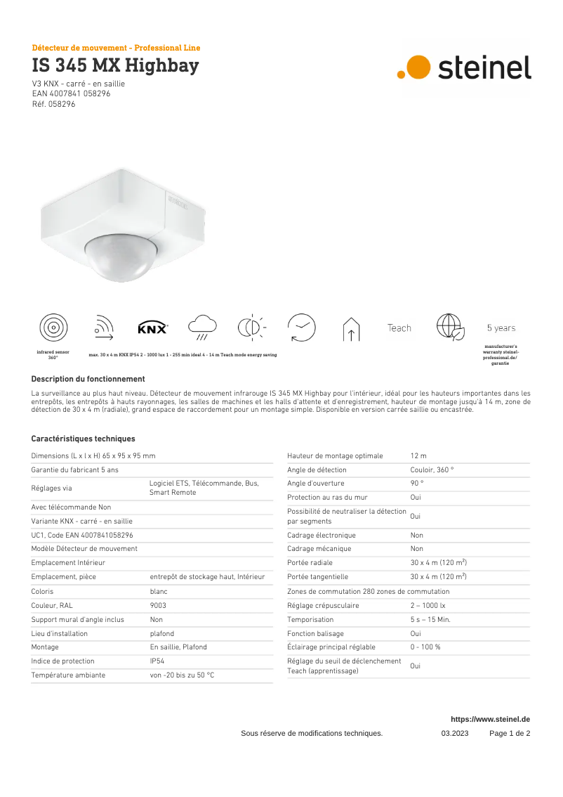 Page n°1 - Fiche technique Steinel IS 345 MX KNX