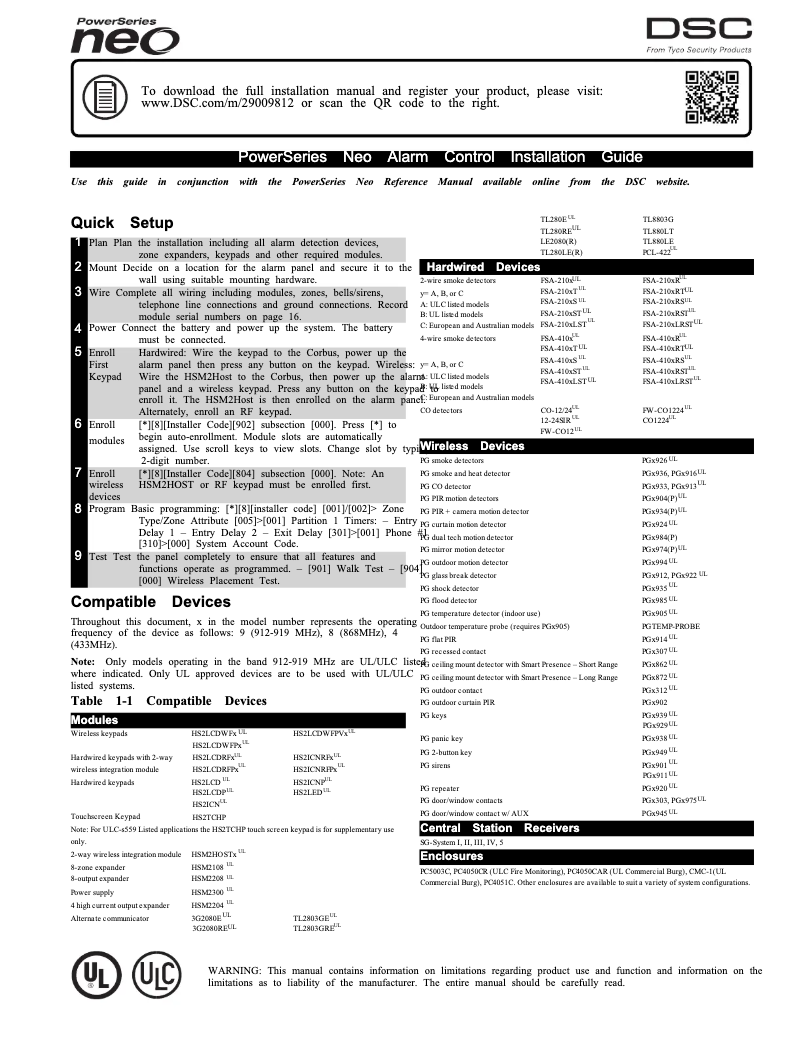 Page 1 de la notice Guide d'installation DSC HS2064