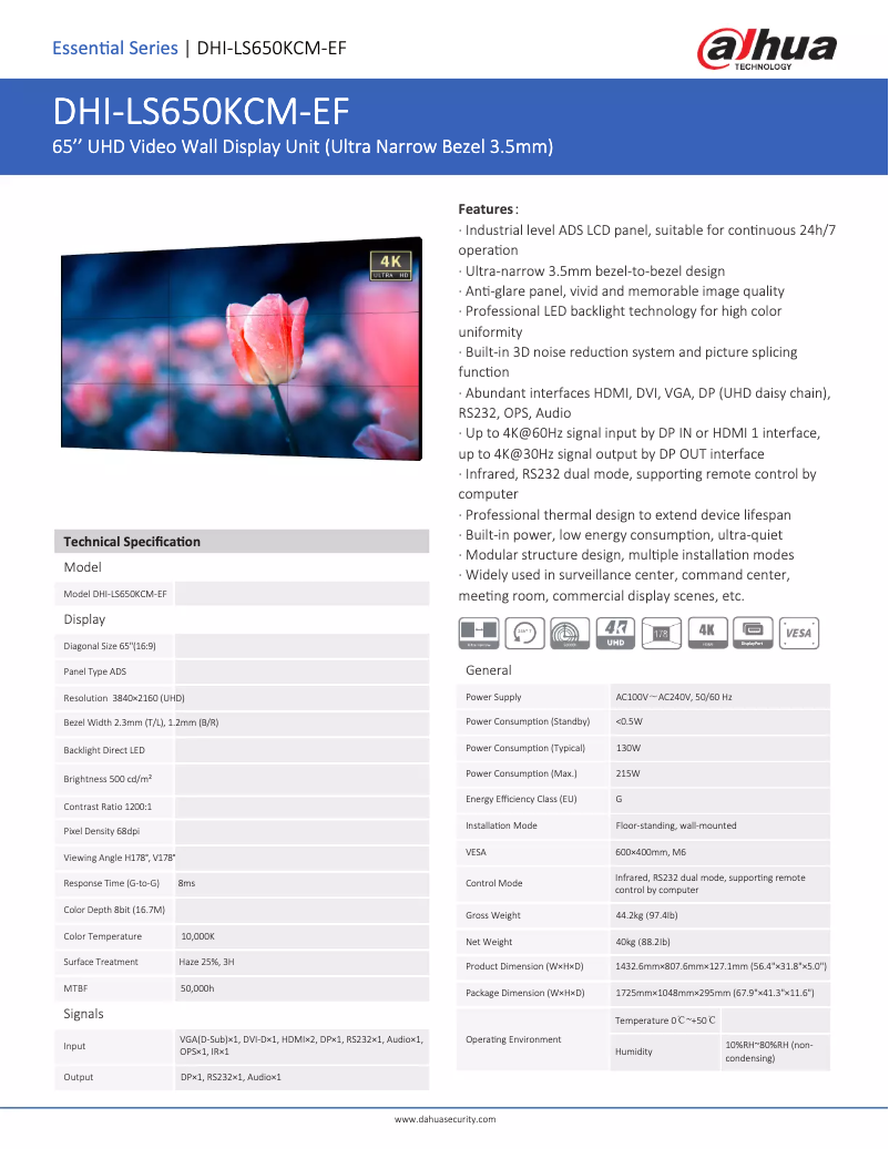 Page 1 de la notice Fiche technique Dahua Technology LS650KCM-EF