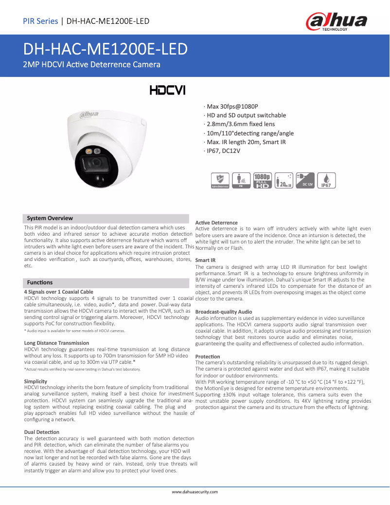 Page 1 de la notice Fiche technique Dahua Technology HAC-ME1200E-LED