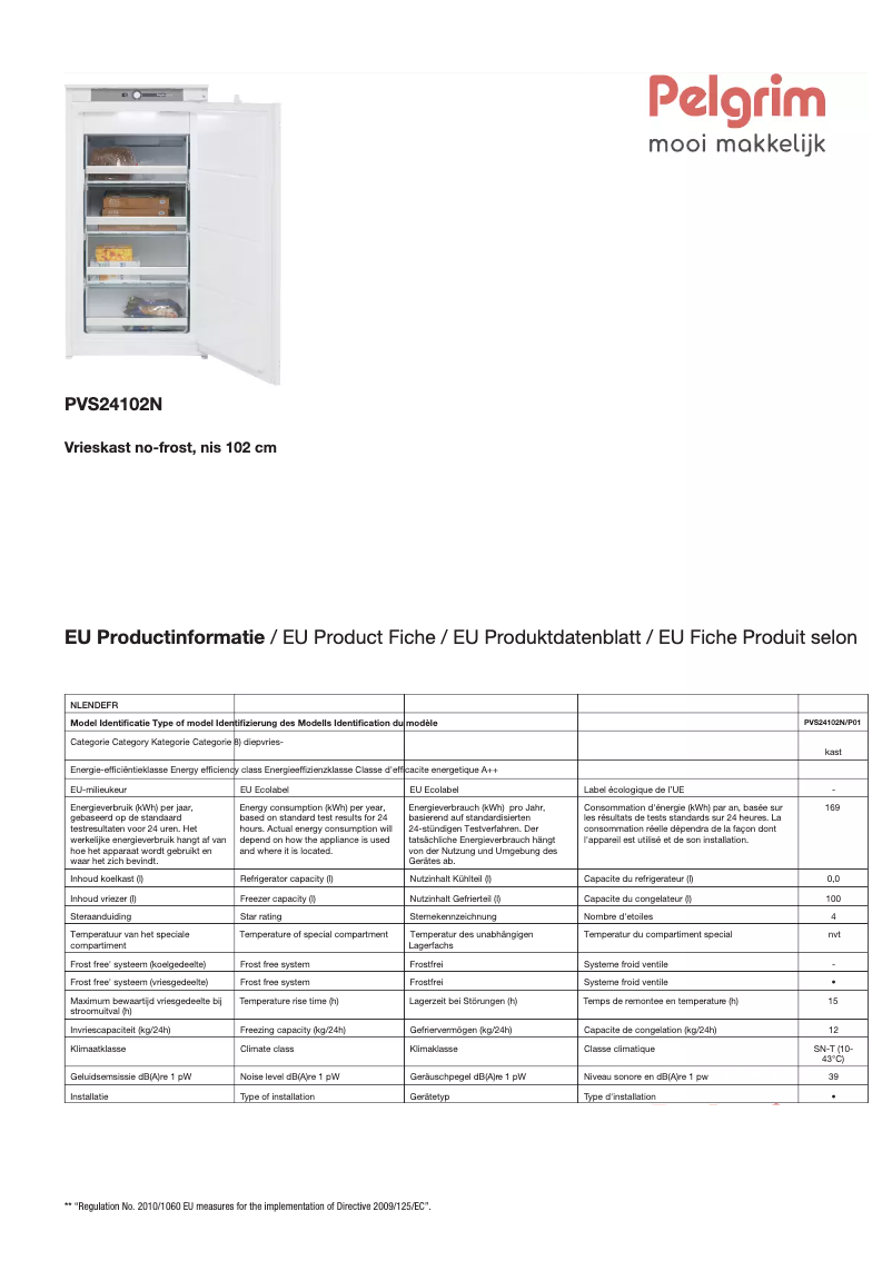 Page 1 de la notice Fiche technique Pelgrim PVS24102N