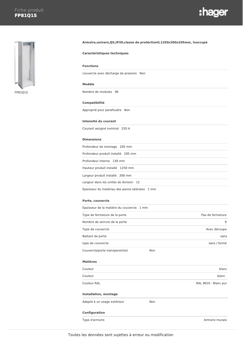 Page 1 de la notice Manuel utilisateur Hager FP81Q1S