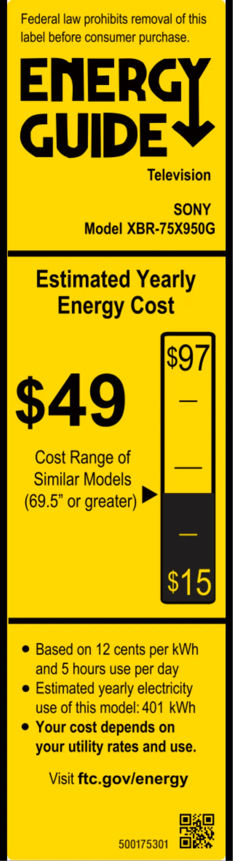Page 1 de la notice Label énergétique Sony XBR75X950G