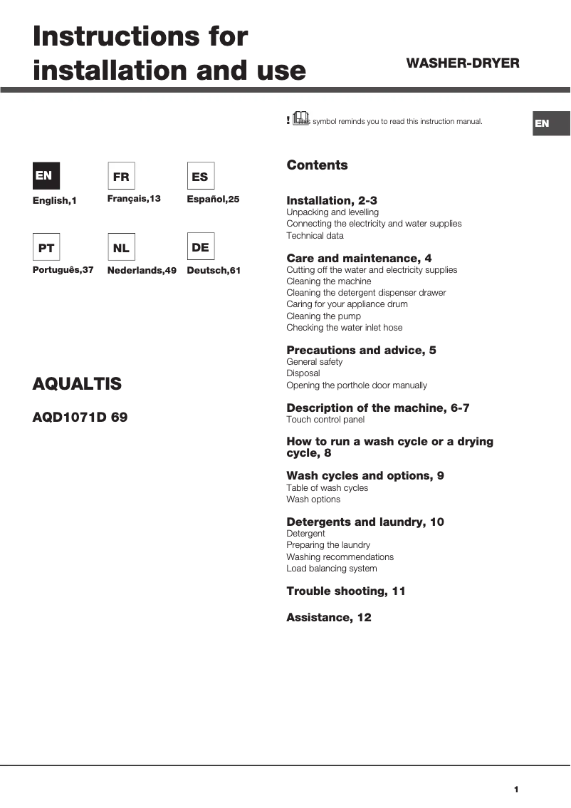 Page n°1 - Manuel utilisateur Hotpoint Ariston Aqualtis AQD1071D 69
