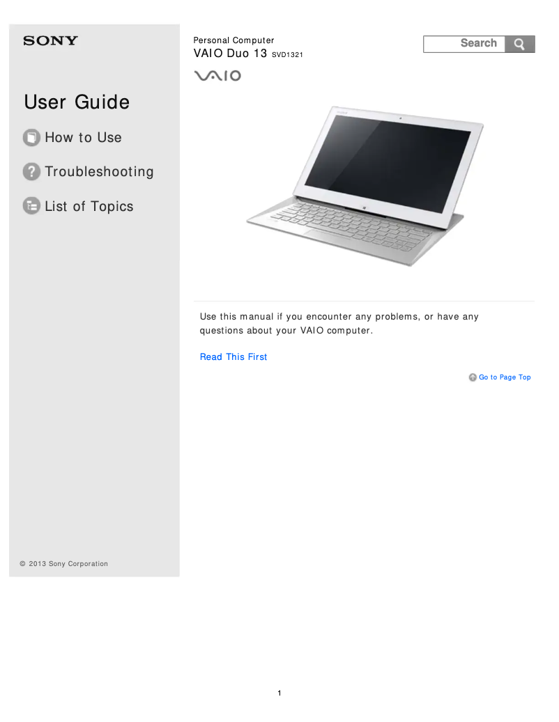 Page 1 de la notice Manuel utilisateur Sony Vaio Duo 13 SVD13215PXW