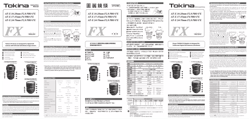 Page 1 de la notice Manuel utilisateur Tokina AT-X 24-70 F2.8 PRO FX