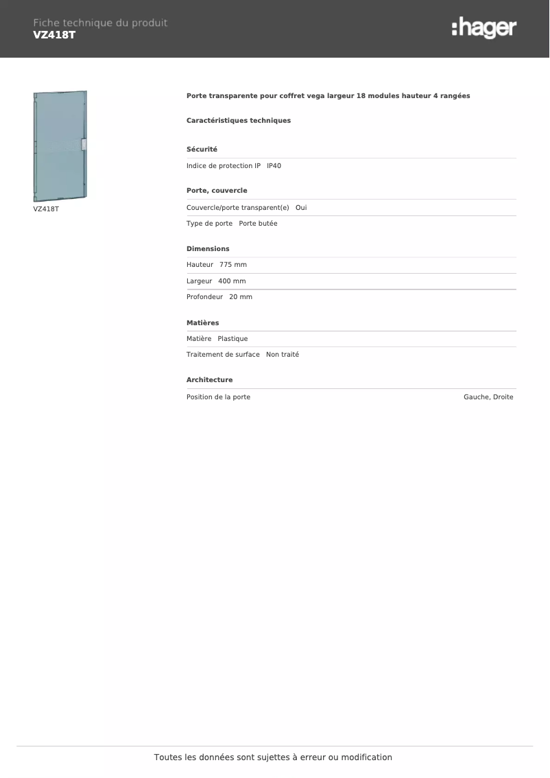 Page n°1 - Fiche technique Hager VZ418T