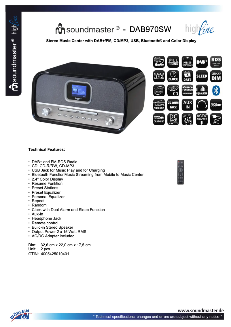 Page n°1 - Fiche technique Soundmaster DAB970