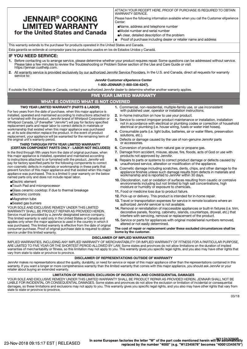 Page 1 de la notice Informations de garantie JennAir JIC4736HS