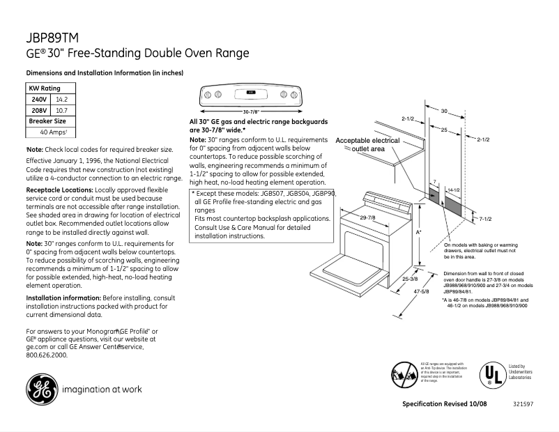 Página 1 del manual Ficha técnica GE JBP89TMWW