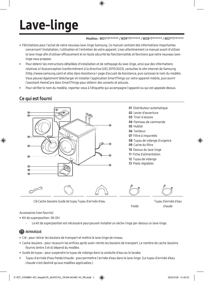 Page 1 de la notice Manuel utilisateur Samsung WD90T534DBW
