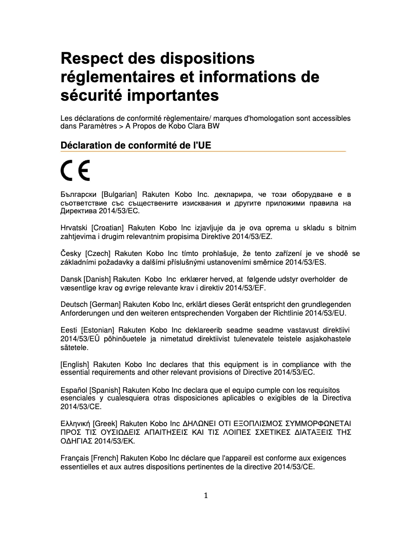 Page 1 de la notice Instructions de sécurité Kobo Clara BW