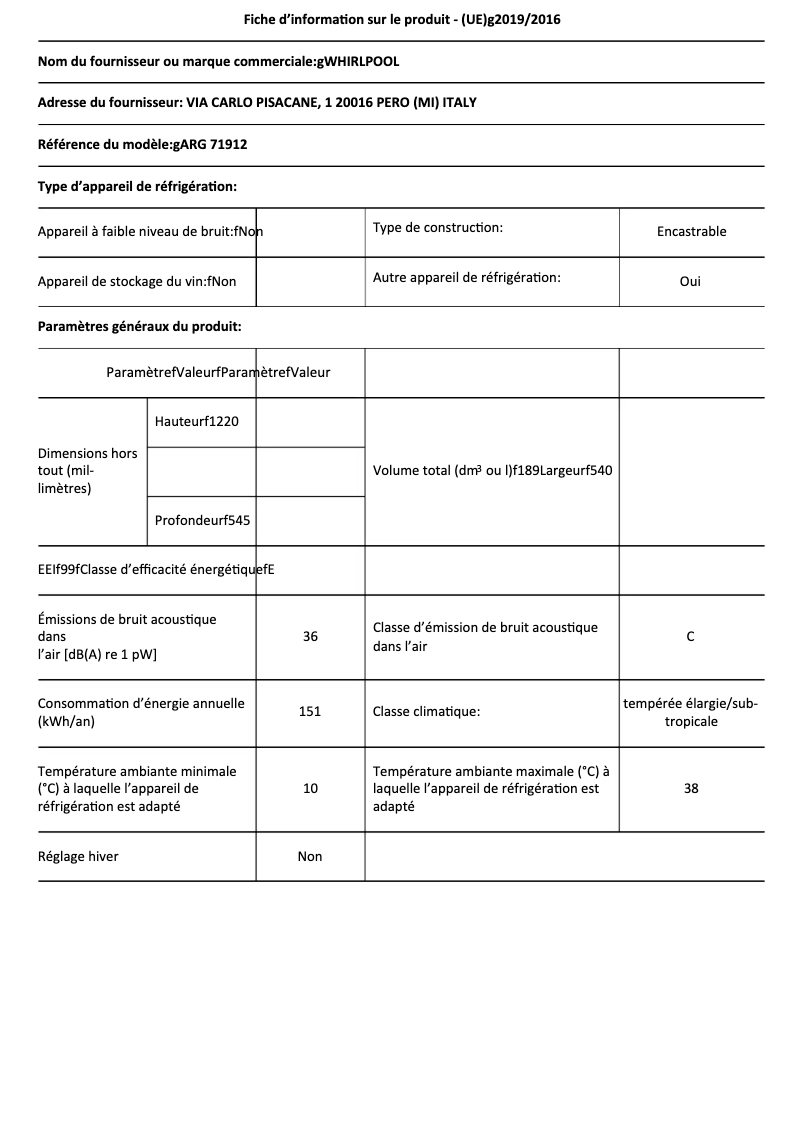 Page 1 de la notice Fiche technique Whirlpool ARG 71912