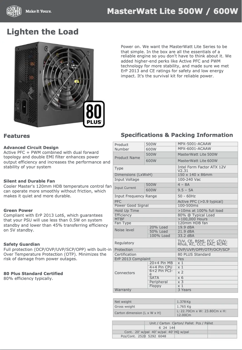 Page n°1 - Fiche technique Cooler Master MasterWatt Lite 500