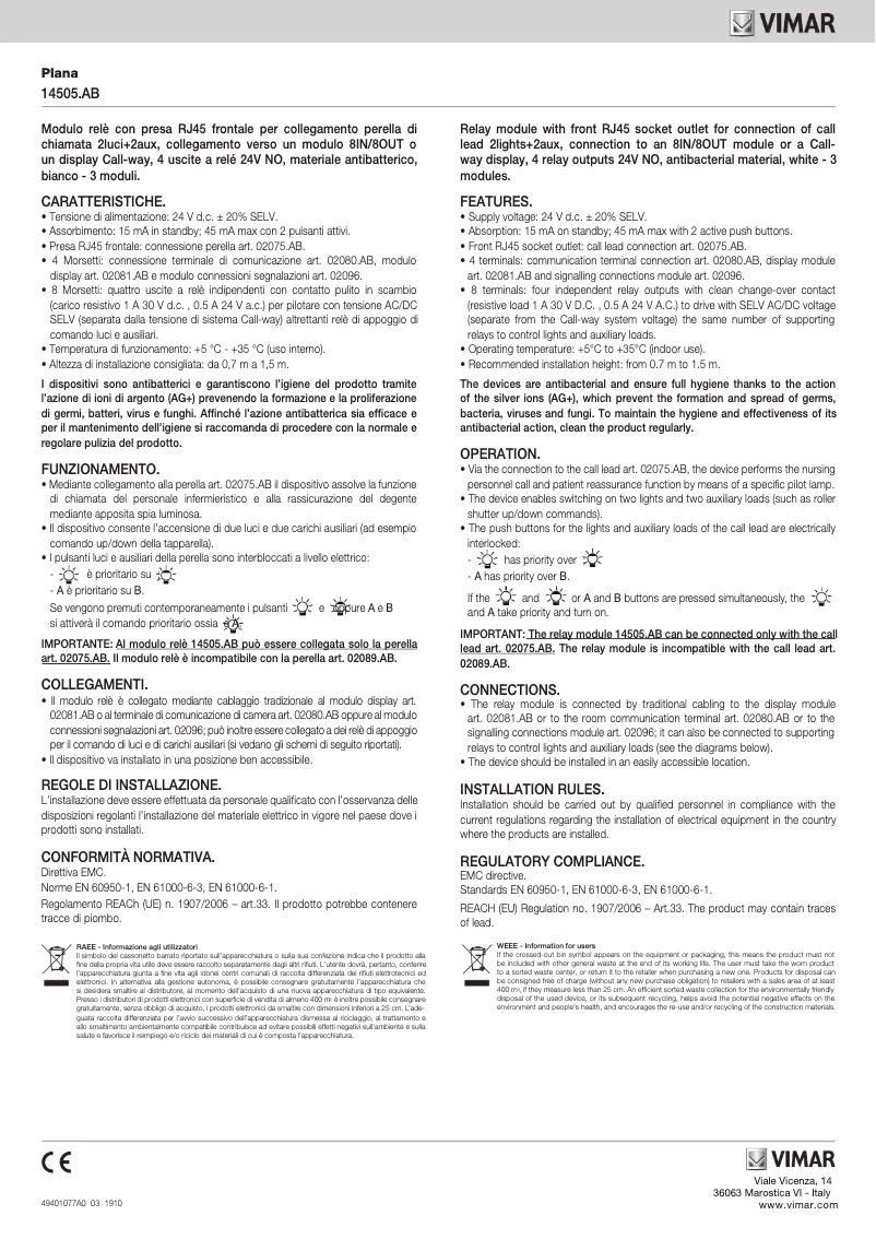 Page n°1 - Manuel utilisateur Vimar 14505.AB