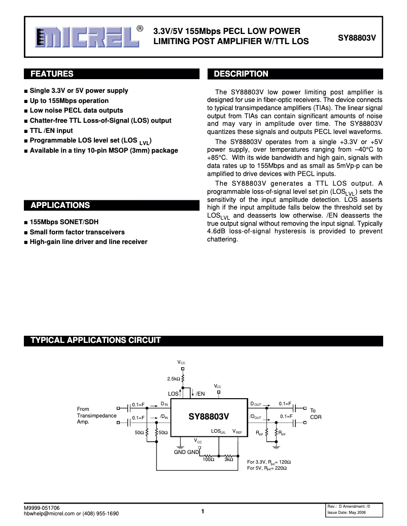 Page 1 de la notice Manuel utilisateur Microchip SY88803V
