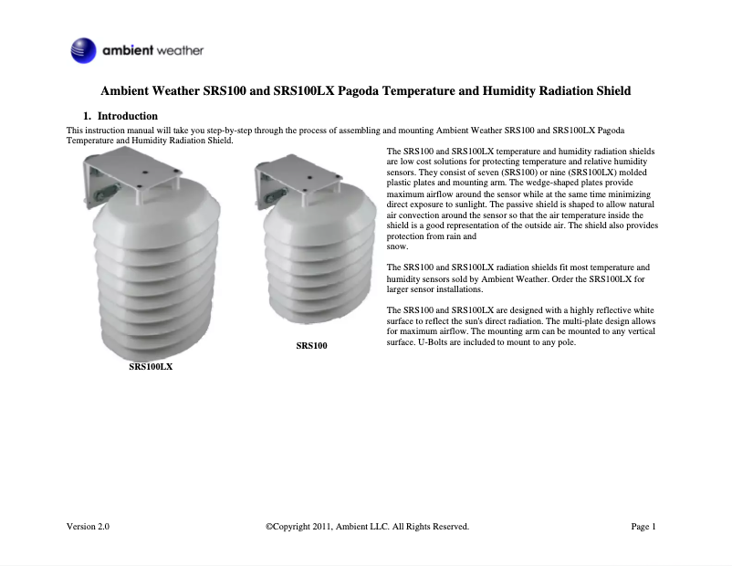 Page 1 de la notice Manuel utilisateur Ambient Weather SRS100LX