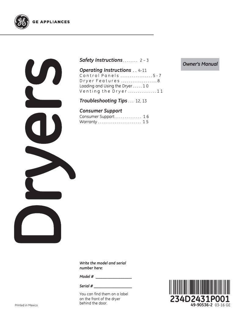 Página 1 del manual Manual de instrucciones GE GTX65EBSJWS