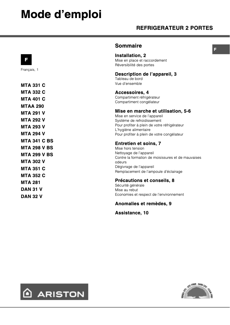 Page 1 de la notice Manuel utilisateur Hotpoint Ariston MTA 302 V