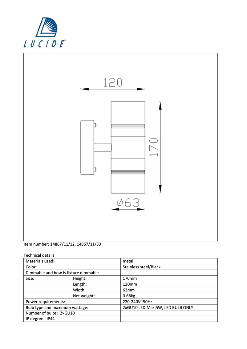 Page n°1 - Manuel utilisateur Lucide Arne 14867/11/12