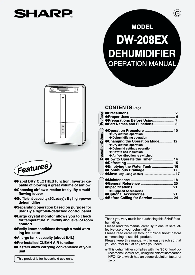 Page 1 de la notice Manuel utilisateur Sharp DW-208EX