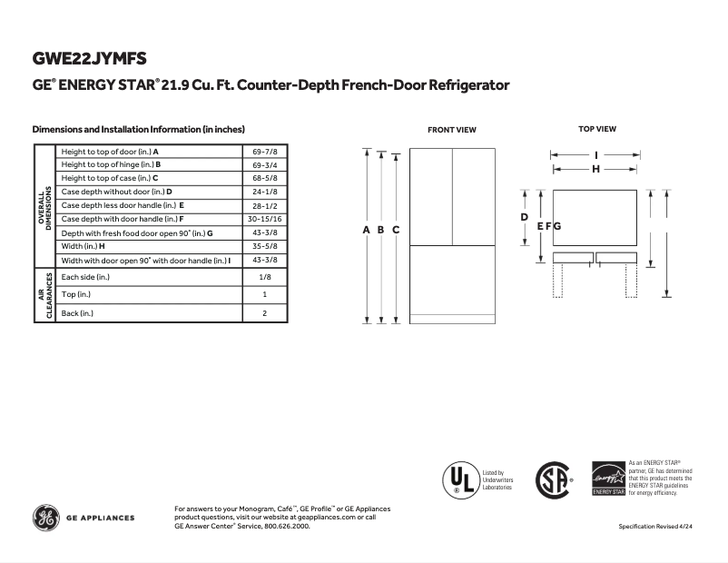 Page n°1 - Guide d'installation GE GWE22JYMFS